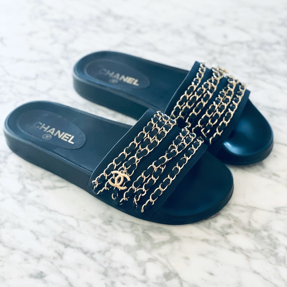 CHANEL CHAIN SLIDES NAVY SATIN WITH BOX
